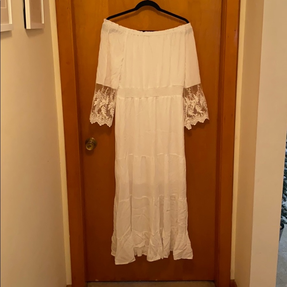 Off the shoulder white maxi with lace sleeves